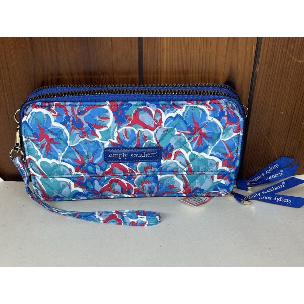 F4 Simply Southern Phone Wallet w/ Wrist Strap Zipper Blue Red Hibi Wristlet